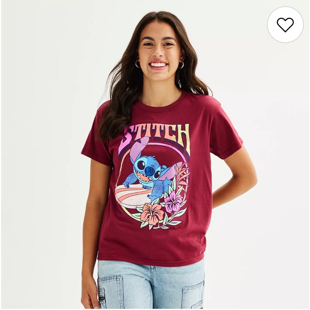 ⚡️319 Disney Stitch Surf Graphic Tee Juniors Medium Burgundy Tropical Floral Y2K